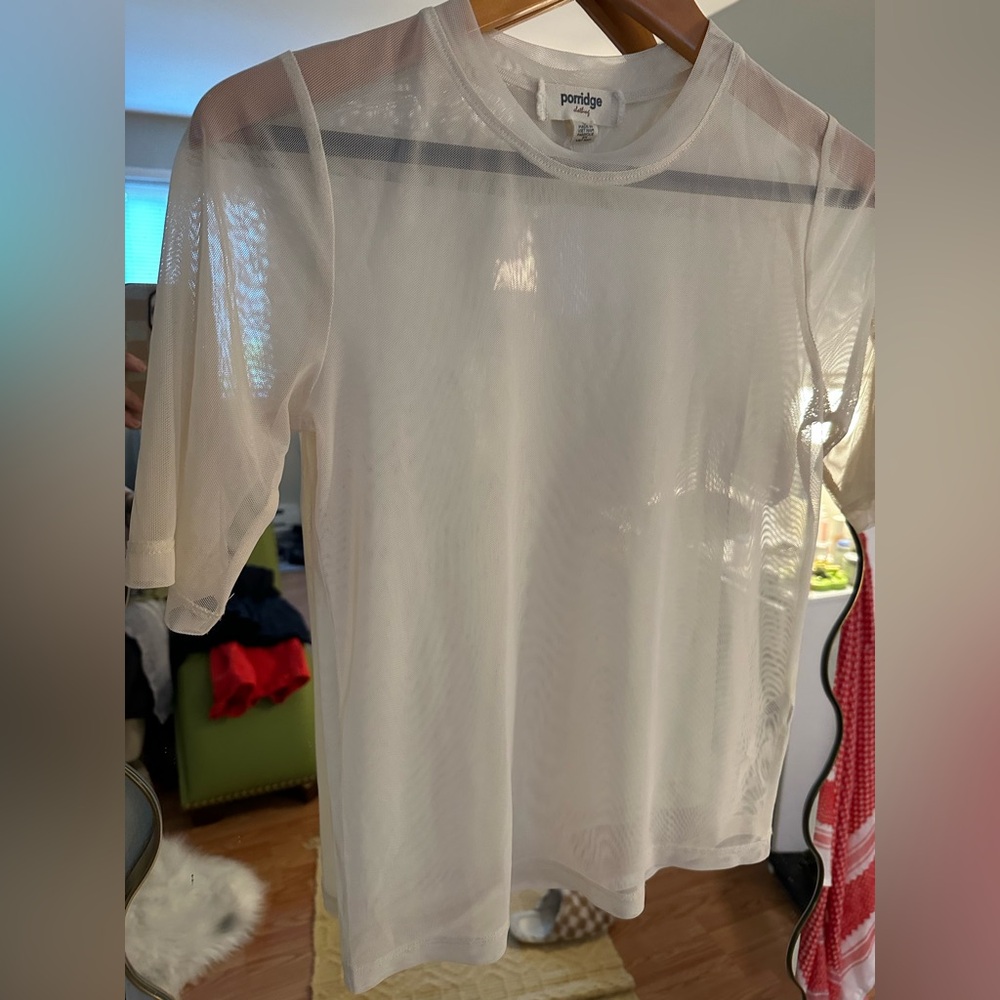 Porridge by Anthropologie cream mesh top shirt